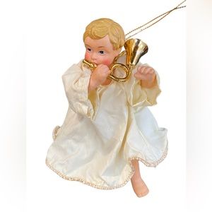 Sweet 5” Angel Wing Christmas Ornament Playing Horn Parchment Color Dress